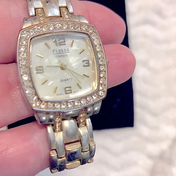 VINTAGE Gold-tone Linked Watch•By Figaro Couture•CZ Paved Pearly-Square Face il_fullxfull.6649671480_grbs.jpg main image 2